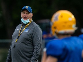 Saskatoon Hilltops head coach Tom Sargeant watches a drill at a practice in Saskatoon, SK on Thursday, August 19, 2021.