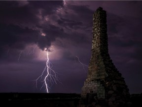 Lightning south of Rosetown, Saskatchewan during a storm on August 23, 2021. Photo by Jenny Hagan of Backroad Photography.