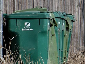 SASKATOON, SASK,: APRIL 8, 2014 - City of Saskatoon Green Bins stock piled near the city yards, April 8, 2014.