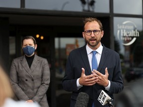 NDP Leader Ryan Meili speaks to media to outline his strategy to boost the number of second COVID-19 vaccine doses to increase the province's lagging vaccination rates. Photo taken in Saskatoon on Wednesday, Sept. 15, 2021.