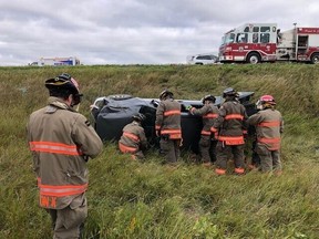 11:14

0917 news fire rollover. The Saskatoon Fire Department responding to rollover on Highway 14 on Sept. 16, 2021. The driver of the vehicle had to be extricated with a cutting tool and was taken to hospital via ambulance.