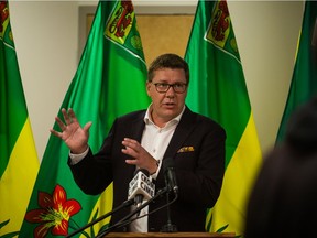 Premier Scott Moe addresses media in a press conference announcing mandatory masking and the implementation of a vaccine passport in response to rising COVID-19 infections and increased hospitalizations. Photo taken in Saskatoon, SK on Thursday, September 16, 2021.