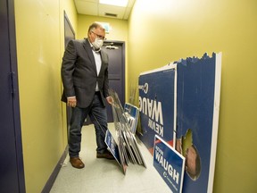 Kevin Waugh, defending MP from Saskatoon-Grasswood, shows off a campaign sign that was destroyed in the lead-up to the 2021 Federal Election. Photo taken in Saskatoon, SK on Monday, September 20, 2021.