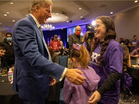 People's Party of Canada Leader Maxime Bernier speaks with supporters at their election night rally at the Saskatoon Inn. Photo taken in Saskatoon on Monday, Sept. 20, 2021. (Michelle Berg / Saskatoon StarPhoenix)