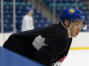 Trevor Wong, who was acquired by the Saskatoon Blades in a trade Tuesday, takes to the ice in a practice with his new team Wednesday morning. Photo taken in Saskatoon on Wednesday, Sept. 29, 2021.