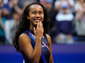 Leylah Fernandez reacts during the trophy presentation after the women's singles final of the 2021 U.S. Open tennis tournament at USTA Billie Jean King National Tennis Center.