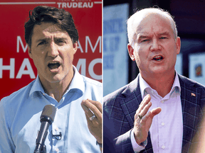 Liberal Leader Justin Trudeau and Conservative Leader Erin O'Toole. When asked who appeared angry during the campaign, 37 per cent of respondents said Trudeau, while only 20 per cent said O’Toole.