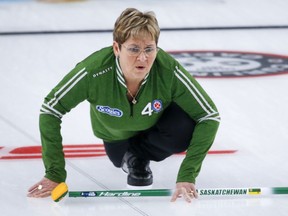 Team Saskatchewan skip Sherry Anderson reacts to her shot against Team Quebec at the Scotties Tournament of Hearts in Calgary, Alta., Tuesday, Feb. 23, 2021.THE CANADIAN PRESS/Jeff McIntosh  ORG XMIT: 20816334 ORG XMIT: JMC124