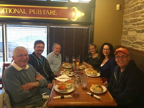 Esther Hamilton, third from left, at dinner wth family and friends in Ottawa in 2017. Also shown are Bill Hamilton (far left), Ian Hamilton (second from left), Carolyn Hamilton (third from right), Chryssoula Filippakopoulos (second from right) and Rob Vanstone (far right).