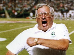 Saskatchewan Roughriders head coach John Gregory expresses his frustration during a 50-47 loss to the B.C. Lions on Aug. 21, 1991. Gregory was fired shortly after the game. Patrick Pettit/Regina Leader-Post