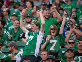 REGINA, SASK : September 5, 2021 -- Saskatchewan Roughriders cheer during a CFL football game at Mosaic Stadium in Regina, Saskatchewan on Sept. 5, 2021. BRANDON HARDER/ Regina Leader-Post