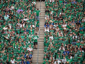 Fans are seen in the stands during a CFL football game between the Saskatchewan Roughriders and the Winnipeg Blue Bombers at Mosaic Stadium in Regina, Saskatchewan on Sept. 5, 2021. BRANDON HARDER/ Regina Leader-Post