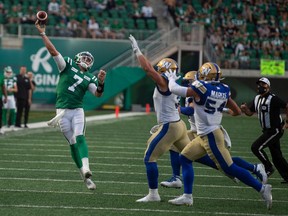 Quarterback Cody Fajardo will have to deal with defensive pressure when the Saskatchewan Roughriders meet the Winnipeg Blue Bombers in Saturday's rematch in Winnipeg.