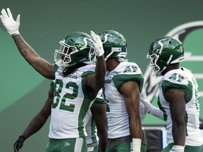 It's still being determined if Naaman Roosevelt (82), shown shown here celebrating a touchdown in 2019 with the Saskatchewan Roughriders, will dress for the Winnipeg Blue Bombers in Sunday's Labour Day Classic. TROY FLEECE / Regina Leader-Post