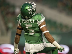 Loucheiz Purifoy, left, could start at one of three positions for the Saskatchewan Roughriders on Friday against the host B.C. Lions.