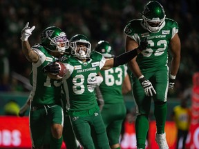 Saskatchewan Roughriders wide receiver Kian Schaffer-Baker (89) celebrated his first CFL touchdown on Friday.