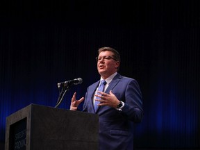 Premier Scott Moe gives his state of the province address at Prairieland Park. Photo taken in Saskatoon on Monday, October 25, 2021.