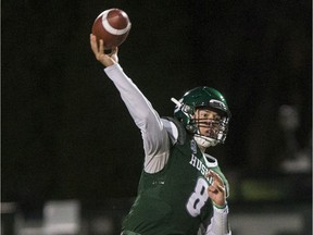 Huskies' quarterback Mason Nyhus, shown during a 2019 game, threw for 351 yards Friday night in Vancouver.