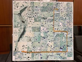 A map shows the gravel pit where Sheree Fertuck was last seen (bottom left corner) and the site where Greg Fertuck took undercover officers to look for Sheree's body (top right corner). Photo presented in court during Greg's first-degree murder trial.