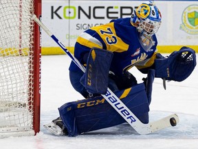 Nolan Maier, shown here in WHL action against the Brandon Wheat Kings at SaskTel Centre, is now the Saskatoon Blades franchise career record-holder with 10 shutouts. Photo taken in Saskatoon on Wednesday, October 13, 2021.