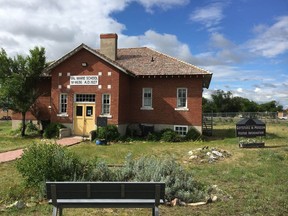The historic Little Brick Schoolhouse in Val Marie, Saskatchewan in 2020. Photo courtesy of Prairie Wind and Silver Sage Friends of Grasslands.