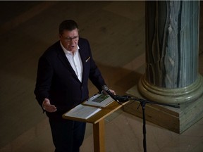 Saskatchewan Premier Scott Moe speaks to media, regarding the COVID-19 pandemic, in the rotunda in the Saskatchewan Legislative Building in Regina on Oct. 18, 2021.