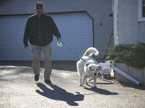 Edwin Williamson and his 7-month-old Maremma puppy named Caesar walk to his vehicle on Tuesday, October 19, 2021 in Regina.