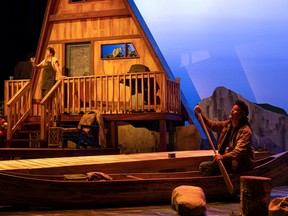 Actors Lisa Bayliss (left) and Jeremy Proulx run through a scene from Cottagers and Indians at Persephone Theatre. The play, running until Nov. 13, is about an Indigenous man who attempts to repopulate local lakes with wild rice and comes into conflict with the cottagers living nearby. (Michelle Berg / Saskatoon StarPhoenix)
