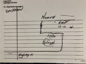 A crude map Greg Fertuck drew for an undercover officer during a meeting with who he believed to be a crime boss. Court exhibit photo.