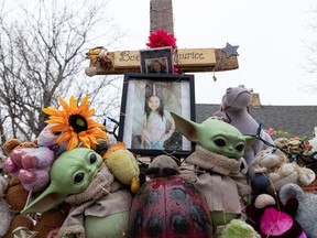 A memorial for Baeleigh Maurice at the crosswalk where she was struck on 33rd Street West, photographed on Oct. 25, 2021.