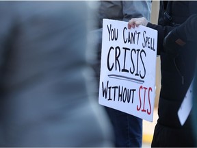 Prairie Harm Reduction and Quint Developments held a rally to call for changes to the Saskatchewan Income Support program in Saskatoon on Oct. 27, 2021.