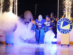 The Saskatoon Blades take the ice before WHL action against the Moose Jaw Warriors in Saskatoon on Wednesday, October 27, 2021.