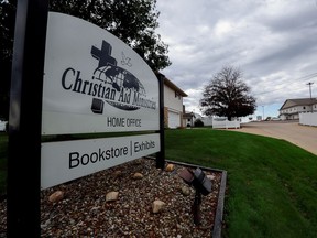 A sign marks the entrance of the home office of Christian Aid Ministries in Millersburg, Ohio, U.S., October 17, 2021.