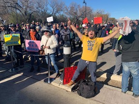 Protesters against vaccine mandates gathered in front of the Legislative Building on Wednesday. Brandon Harder/REGINA LEADER-POST
