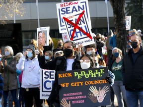 Rallies in opposition and support of Coun. Sean Chu at Calgary City Hall on Oct. 24, 2021.