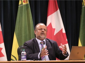 Dr. Saqib Shahab, Saskatchewan's chief medical health officer, speaks about the latest COVID numbers the day after Thanksgiving in 2020 during a press conference held at the Legislative Building.