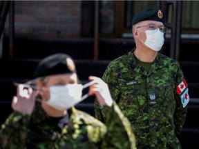 Canadian Armed Forces (CAF) medical personnel are seen at Centre d'hebergement Yvon-Brunet, a seniors' long-term care centre, as they arrive to assess and ease the ongoing situation in long-term care facilities in Quebec amid the outbreak of the coronavirus disease (COVID-19), in Montreal, Quebec, Canada April 18, 2020.
