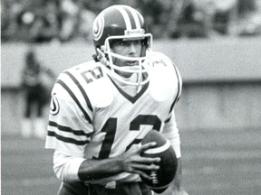 Saskatchewan Roughriders quarterback John Hufnagel is shown against Edmonton on Aug. 30, 1981, when he had six completions of 30-plus yards — as many as the 2021 edition of the Green and White has registered over its first nine games.