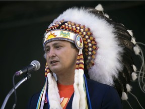 Chief Cadmus Delorme of Cowessess First Nation speaks during a press conference at Mosaic Stadium on Wednesday, Sep. 29, 2021 in Regina. TROY FLEECE / Regina Leader-Post