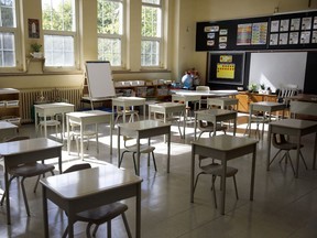 Socially distanced desks inside a classroom at Blessed Sacrament Catholic School in Toronto on Sept. 4, 2020.