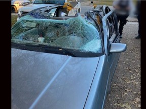 Saskatchewan RCMP charged the driver of this vehicle with a list of offences after an incident on Highway 4 on Oct. 21, 2021.