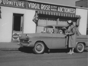 Woman with child in front of Rose’s Auction in the 1950s. Photo courtesy Local History Room, Saskatoon Public Library.