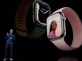 Apple CEO Tim Cook unveiling Apple Watch Series 7 during a special Apple event on Sept. 14.