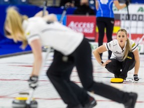 Team Jones second Jocelyn Peterman watches her rock during the women's semifinal at the 2021 Curling Canada Olympic Trials in Saskatoon, on Nov. 27, 2021.