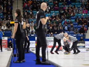 Team Koe competes against Team Jacobs during the men's semifinal of the 2021 Tim Hortons Canadian Olympic curling trials at SaskTel Centre. Photo taken in Saskatoon on Saturday, November 27, 2021.