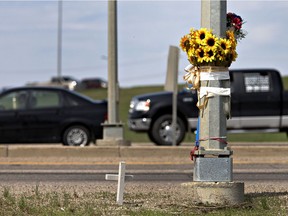 A memorial at College Drive and Circle Drive in May 2014, nearly a year after 17-year-old Quinn Stevenson was killed by an impaired driver.