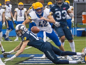 LANGLEY, BC, — Saskatoon Hilltops linebacker Konnor Johnson chases the ball behind Langley Rams Jarryd Taylor (15) during the 112th Canadian Bowl played at McLeod Stadium n 2019. (Photo credit: Francis Georgian / Postmedia) November 16 2019.