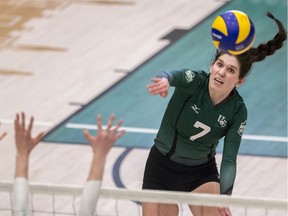 University of Saskatchewan Huskies outside hitter Emily Koshinsky powers the ball in Canada West women's volleyball at the PAC on the U of S campus in Saskatoon on Saturday, February 8, 2020.