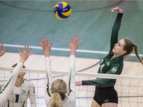 University of Saskatchewan Huskies outside hitter Olivia Mattern goes up for a spike against the University of Alberta Pandas during Canada West women's volleyball at the PAC on the U of S campus in Saskatoon on Saturday, February 8, 2020.