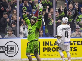 Saskatchewan's Mike Messenger celebrates a goal against Vancouver during the team's last game prior to the NLL's 2020 season cancellation.